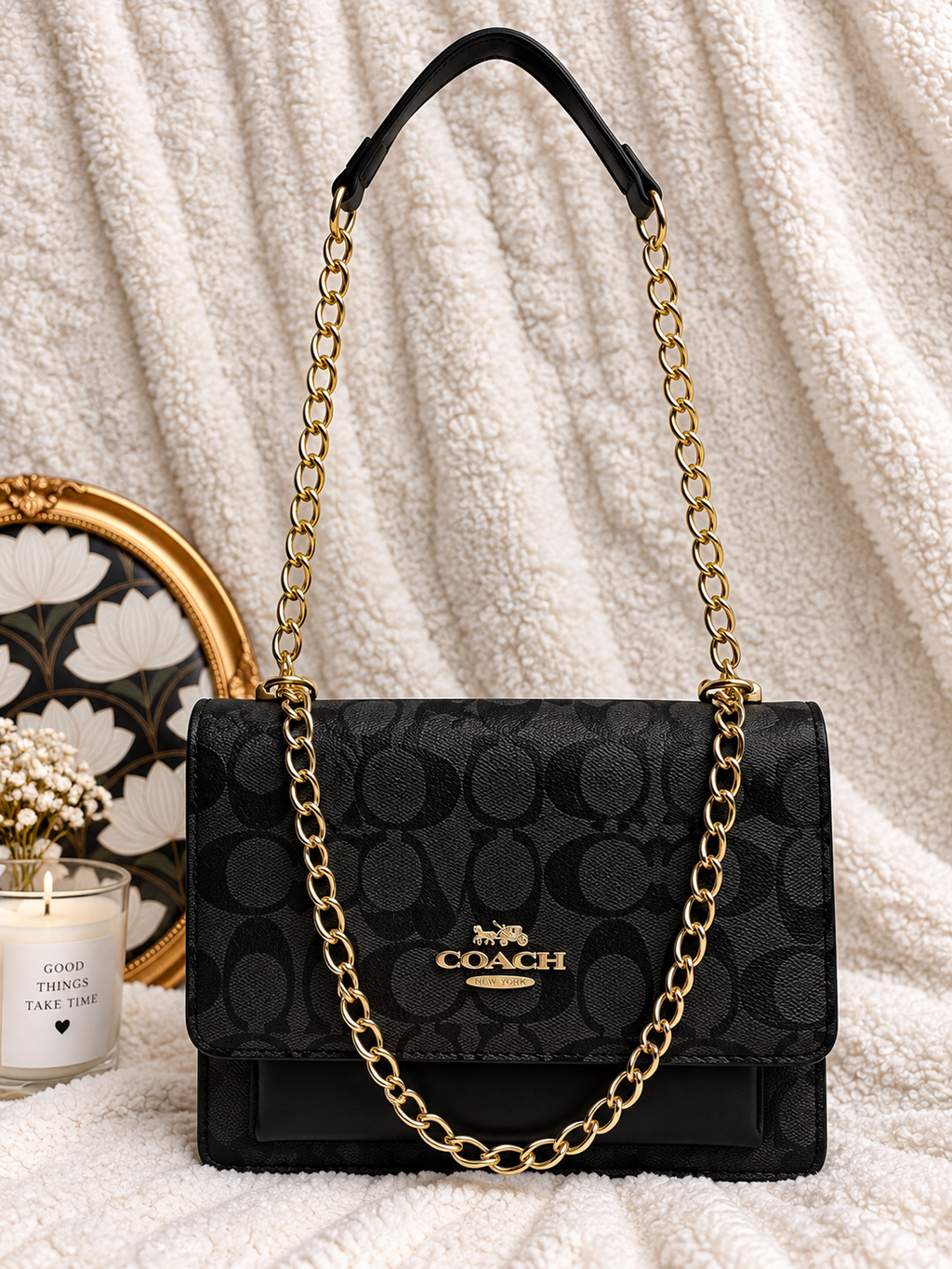 Elegant Signature Flap Crossbody Bag with Gold Chain – Black & Cream
