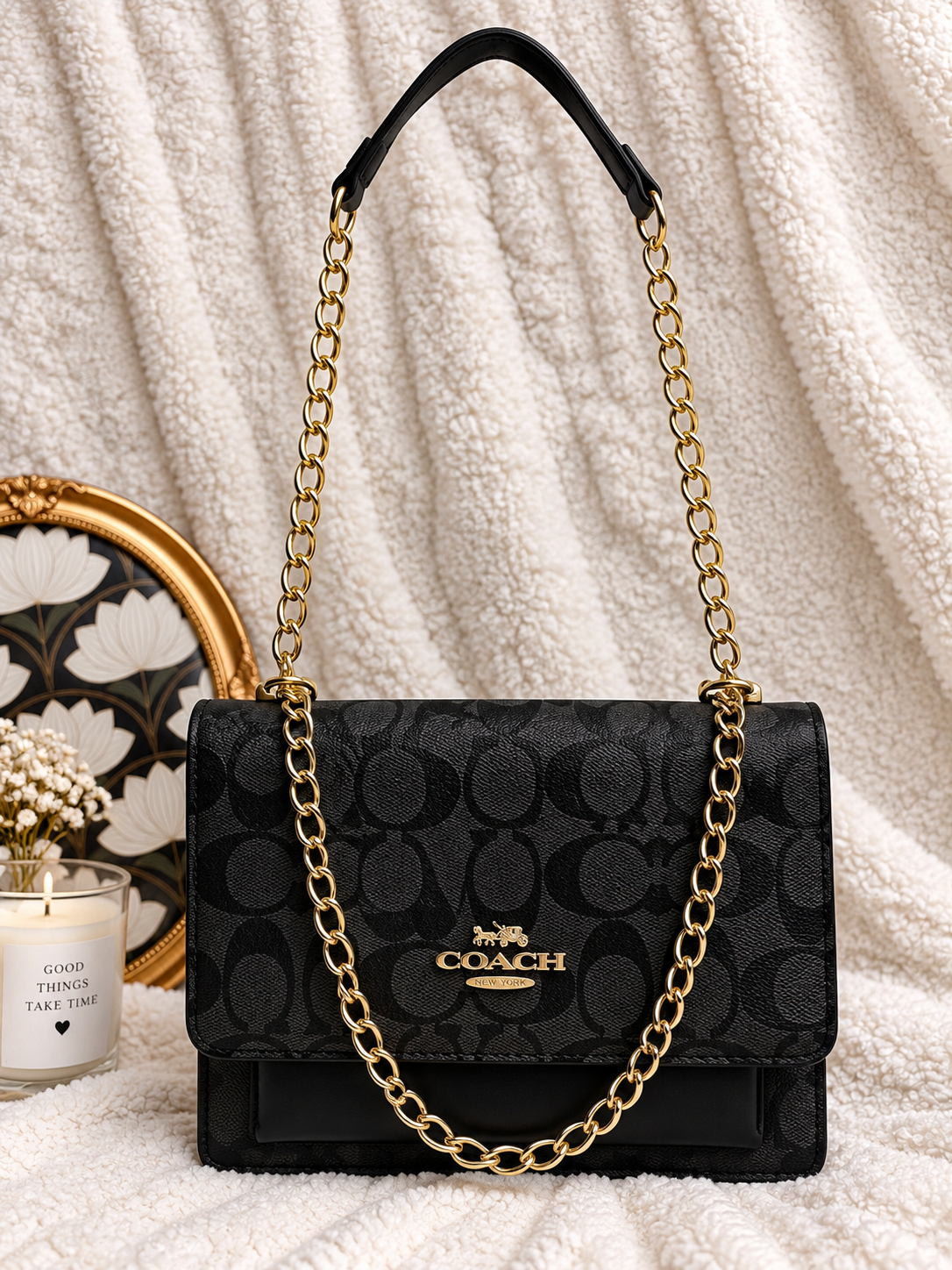 Elegant Signature Flap Crossbody Bag with Gold Chain – Black & Cream